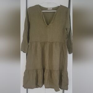 Green Tiered Ruffled Sundress with V-Neck 100% Linen Made In ITALY